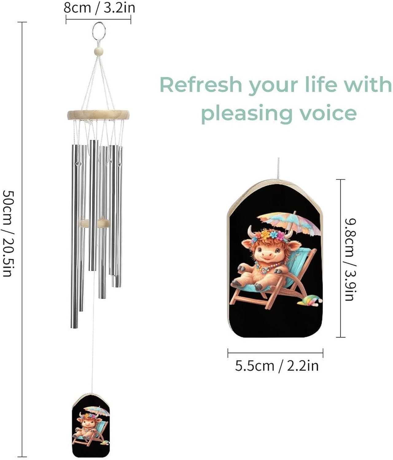 Cute Highland Cow Beach Wooden Wind Chimes Deep Tone Memorial Windchime for Outside Garden Home Decoration