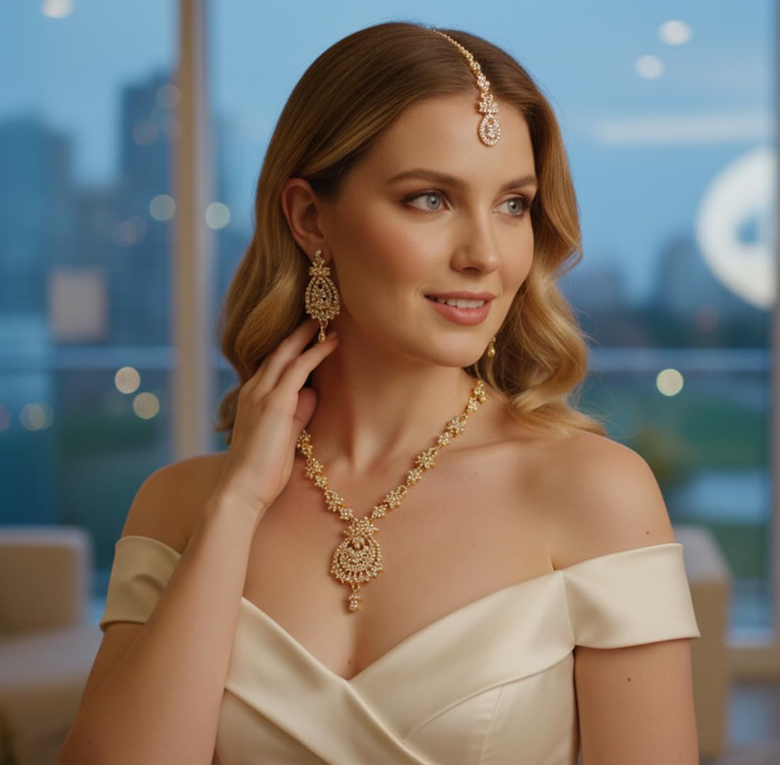 Touchstone Indian jewelry sets for women maang tikka wedding guest gold necklace bollywood jewellery set pageant elegant prom bride accessories western crystal chunky rhinestone necklaces