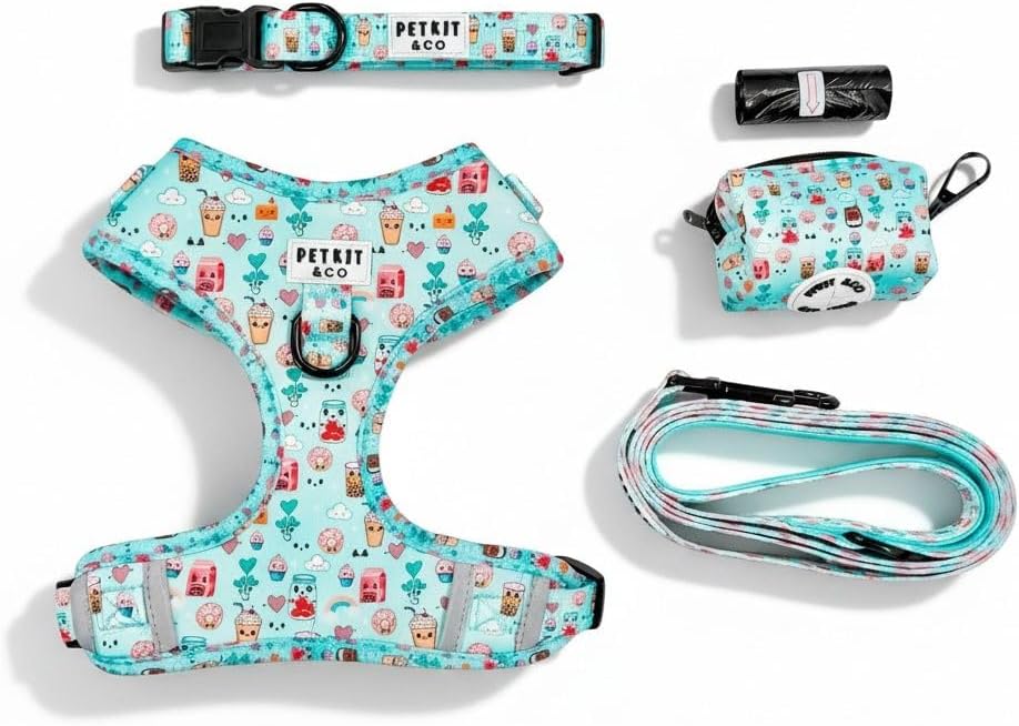 Petkit&Co Adjustable Dog Harness Set with Leash, Collar, Poop Bag Dispenser, ID Tag & Soft Dog Blanket – Everyday Walking Kit for Medium (M)
