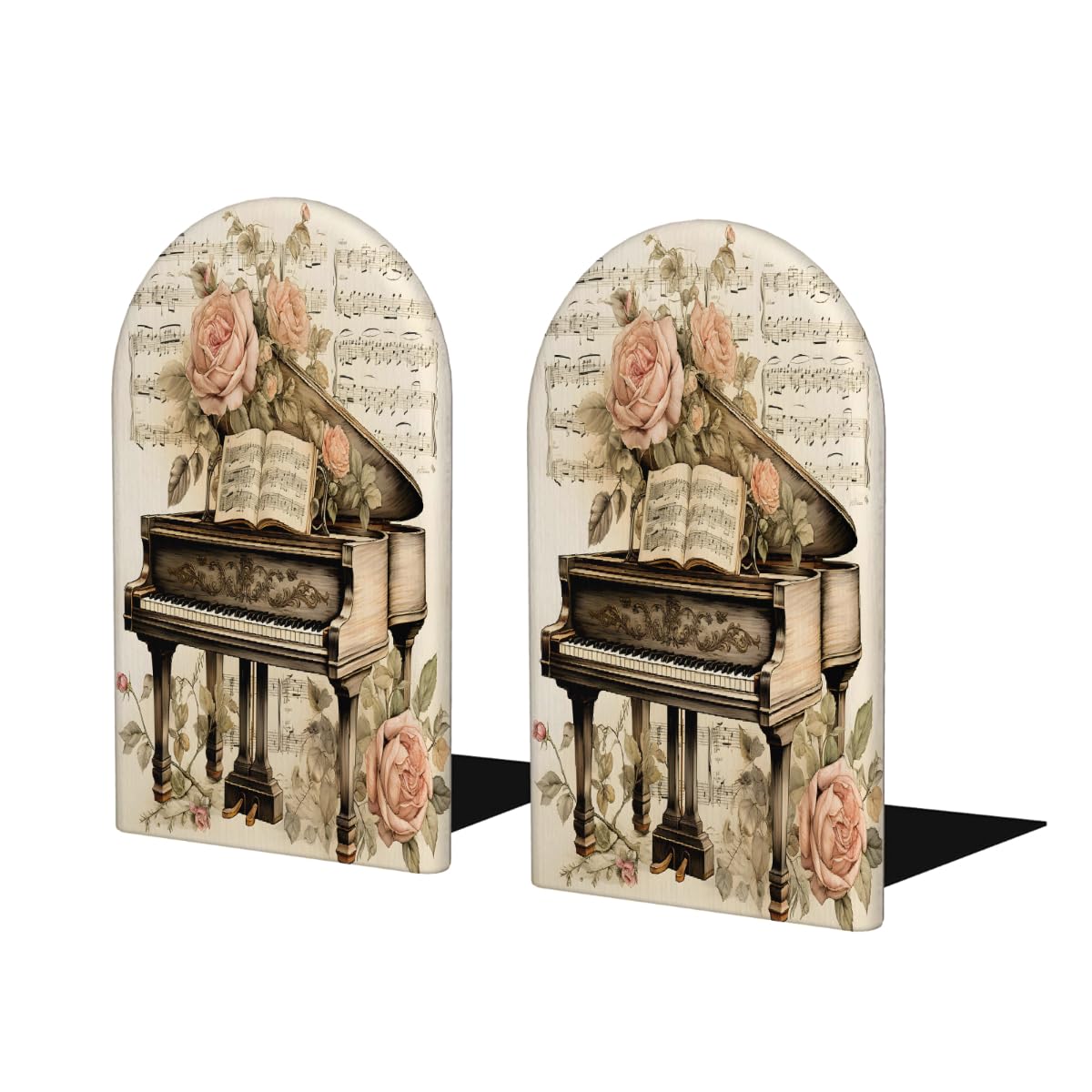 Wood Book Ends for Shelves, Vintage Piano Music Decorative Bookends, Non-Slip Wooden Bookend Support for Home Office 1 Pair