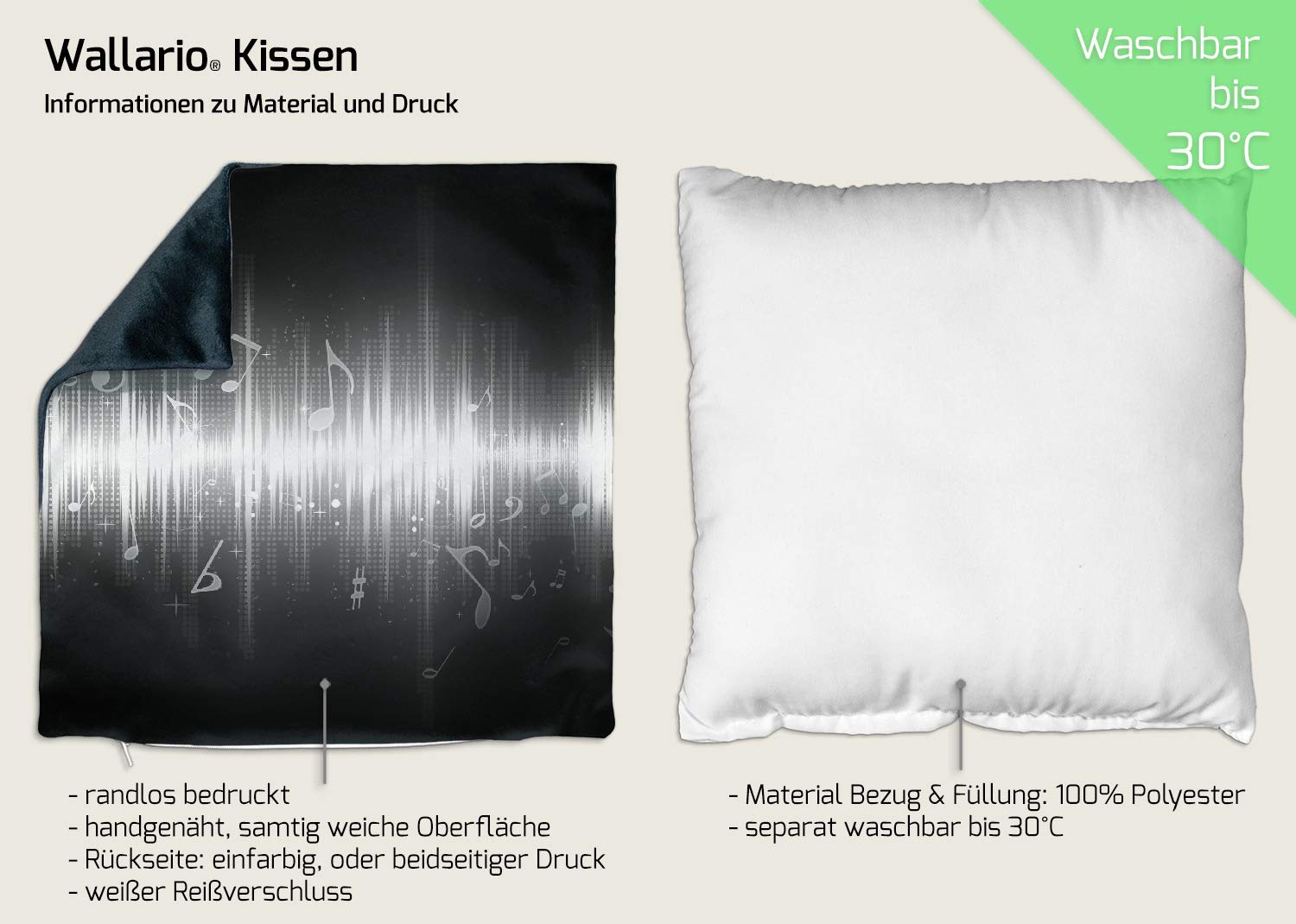 Wallario Dekokissen 30 x 30 cm, Noten der Musik in schwarz und weiß, beidseitig Bedruckt, Kuschelkissen mit weicher Plüsch-Oberfläche