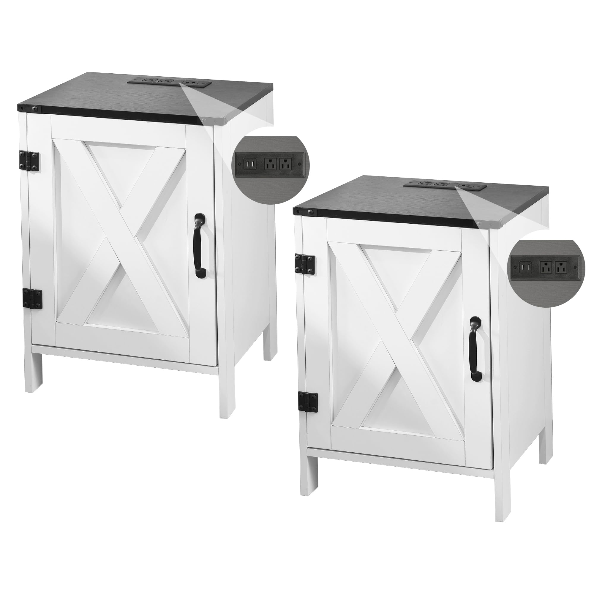 EdbuosyFarmhouse Nightstands Set of 2 with Charging Station, Wood Night Stands Bedside Table with Outlets, Rustic End Tables with Barn Door for Living Room Bedroom Sofa Side Table with Storage, White