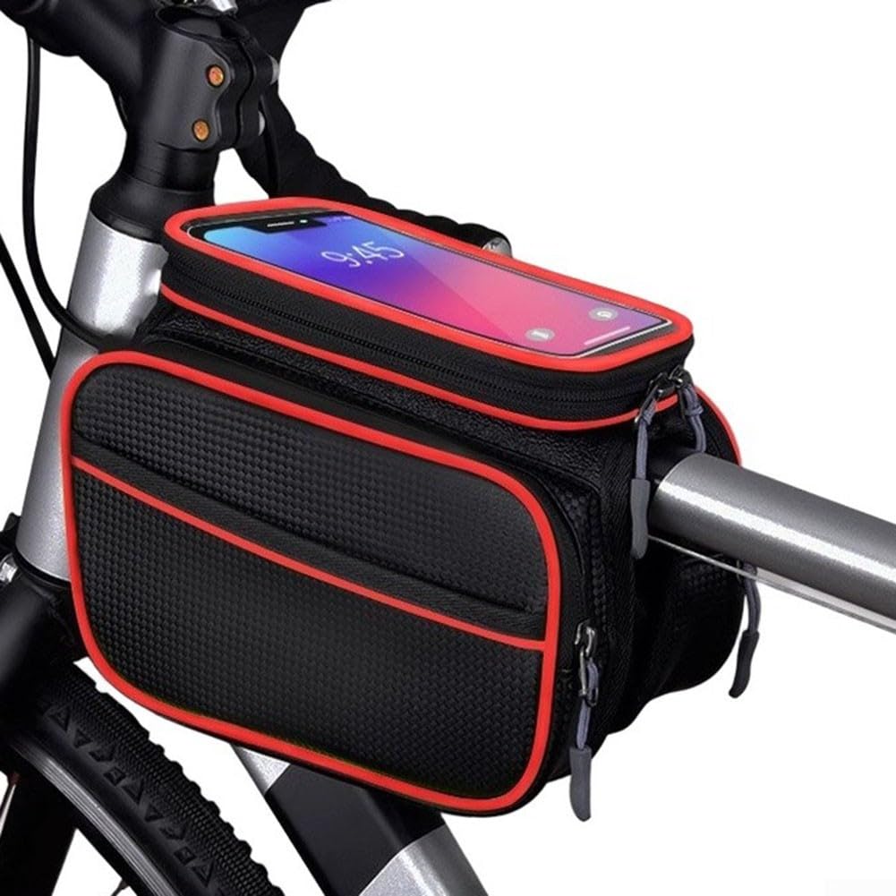 Dolvitrny Bicycle Front Frame Bag Waterproof Phone Holder Cycling Touchscreen Bike Pouch MTB Large Capacity Storage for-Universal Case(black and red 2)