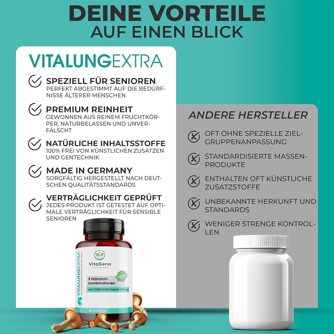 VitalungExtra Lungenkraut-Extrakt mit 50 mg Cordyceps und Thymian – hochdosiert & vegan für die Lunge – Vitamin A, C, E & B6 – Chinesischer Vitalpilz & Atem-Komplex (30 Kapseln)