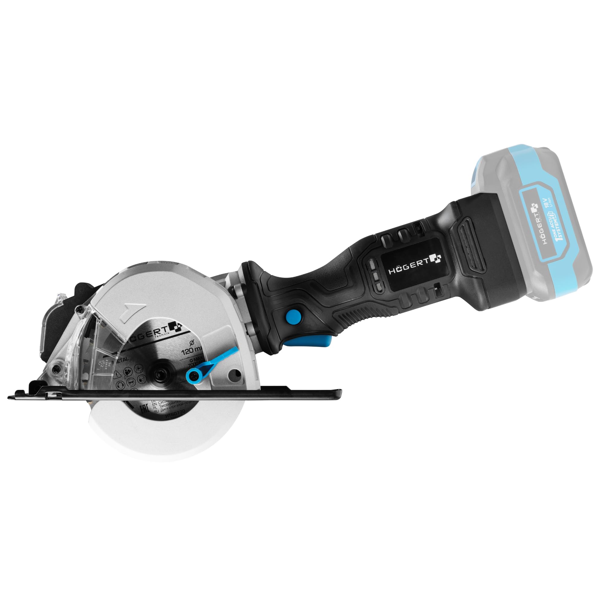 HÖGERT TECHNIK Sierra Circular Manual a Batería 18V OneAccuSystem, motor sin escobillas, mini sierra circular para metal 120 mm, 4000 RPM, compacta y ligera, guía paralela, sin batería