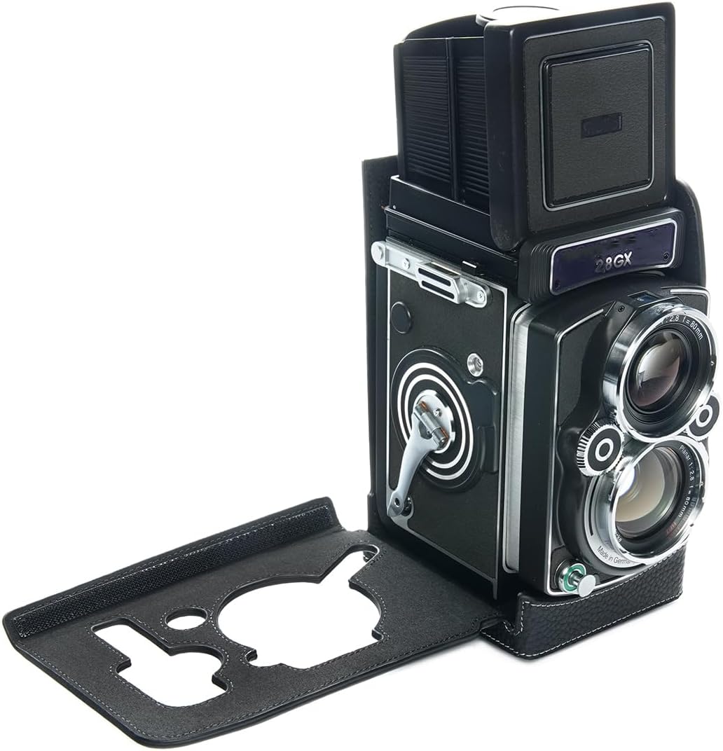 TP Original Handmade Genuine Real Leather Half Camera Case Bag Cover for Rolleiflex 2.8GX with Scissor Clip Black Leather White Stitching