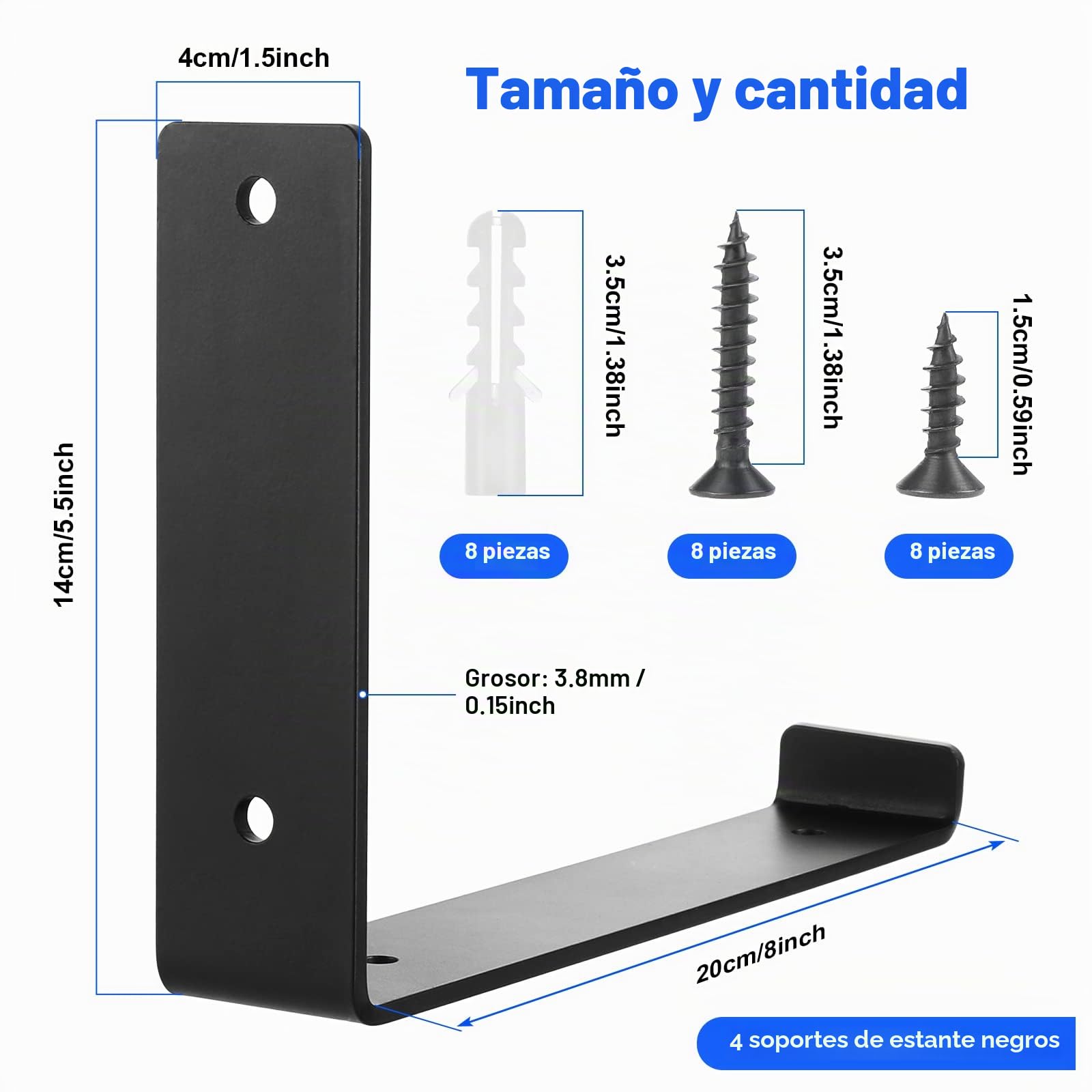 4 Soportes de Estante para Tablero de Andamio de 200 mm - Flotantes Resistentes para Montaje en Pared - Industriales Negros Con Tornillos a Juego