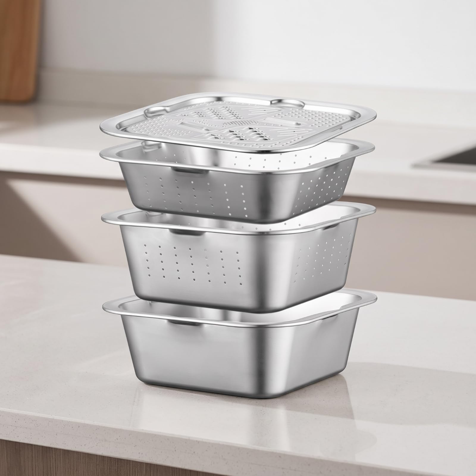 Bacinella in Acciaio Inox Quadrato Bacinella da Cucina Resistente Ciotola per Lavello, Ciotola Solida Profonda + Ciotola Forata Profonda + Ciotola Forata Poco Profonda