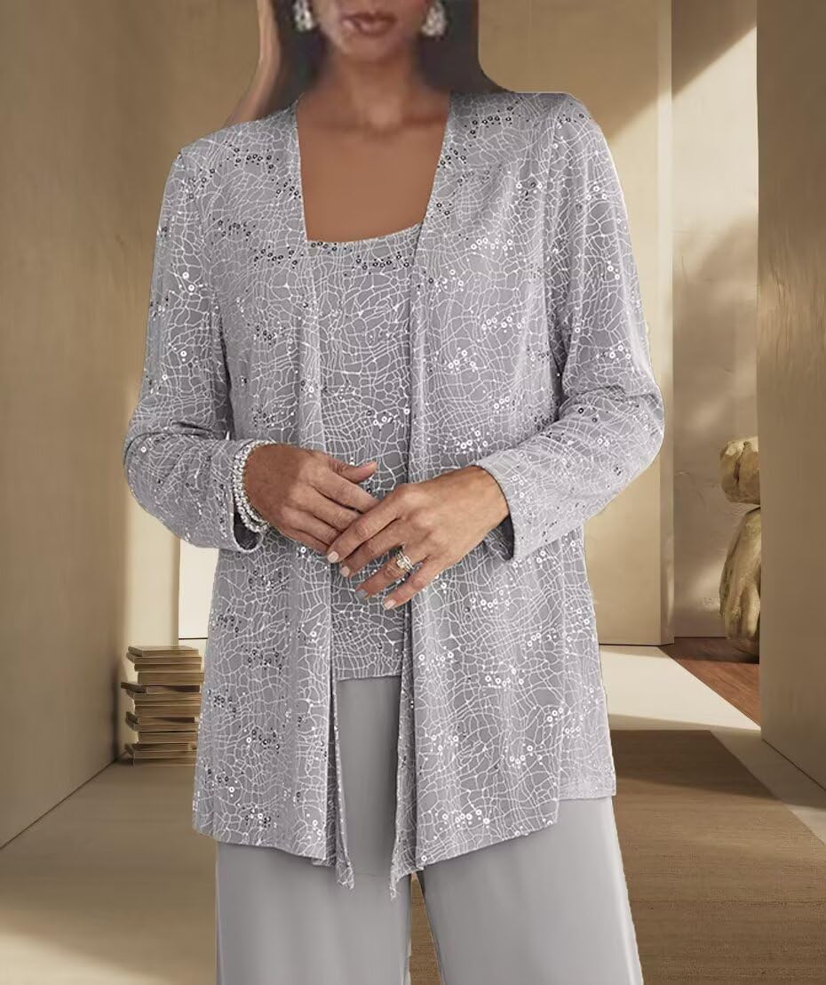 3 Pieces Sequin Mother of The Bride Pant Suits for Wedding 2026 Chiffon with Jacket Formal Evening Pantsuit