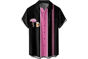 Men's Flamingo Bowling Shirt, Retro 50s Vintage Button Down Shirts, Color Block Active Shirts
