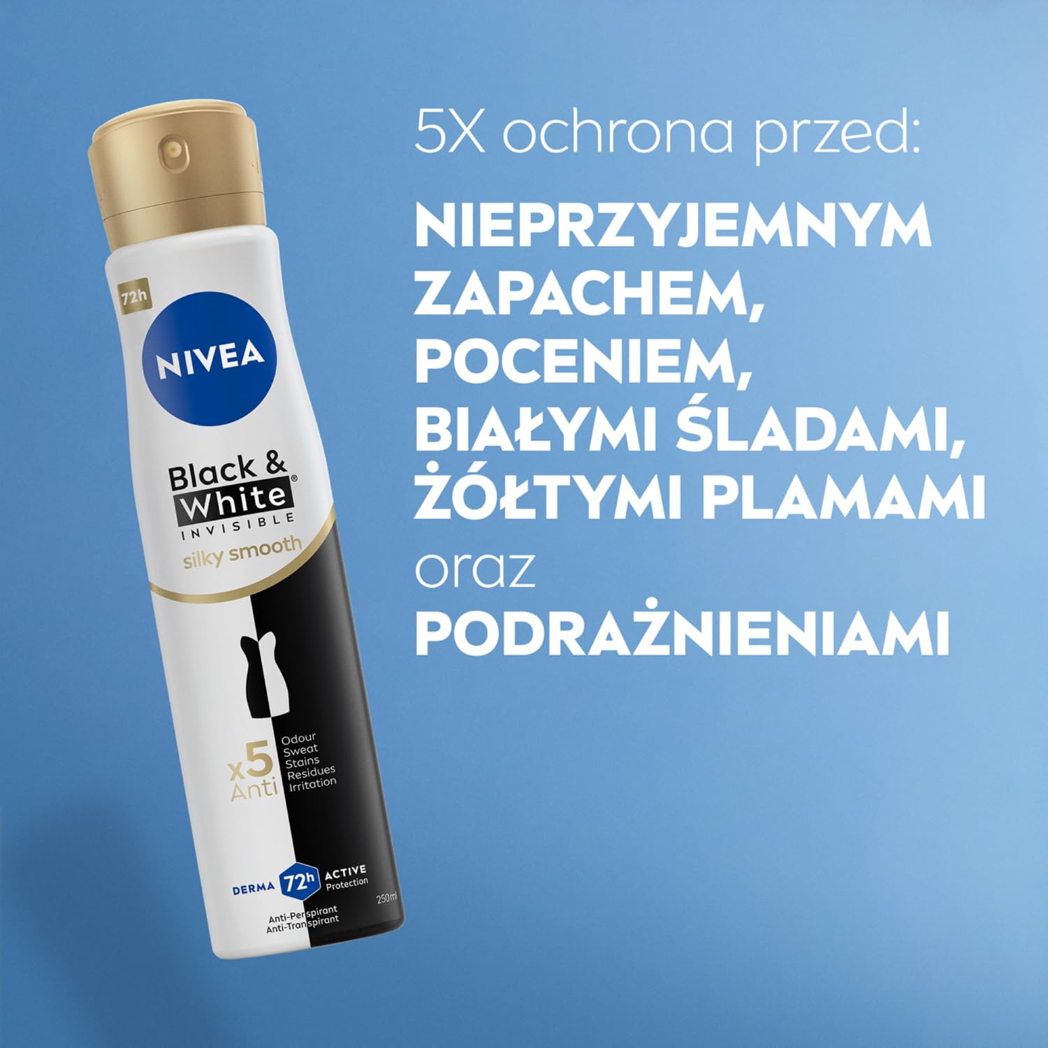 NIVEA Antiperspirant Black&White Invisible Silky Smooth spray, 250 ml (Packung mit 5)