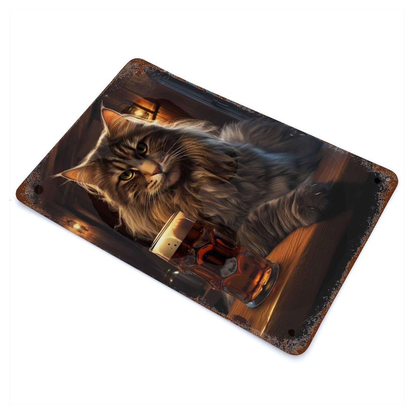 Fat Cat Beer Pub Bar Drink Weathered Tin Sign 11.8"x7.9", Shabby Chic Decor for Garage, Pub Or Kitchen