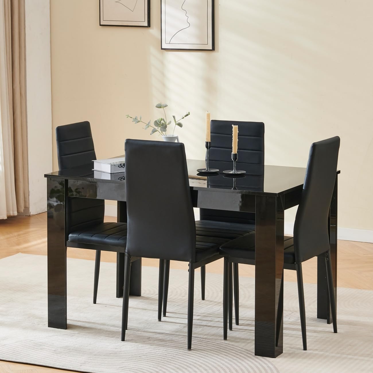 Menaka Wood Dining Table and Chairs Set of 4, Small Rectangular Kitchen Dinner Table with 4 Seaters (line black leather chairs, 120m high gloss black table, 4 seaters)
