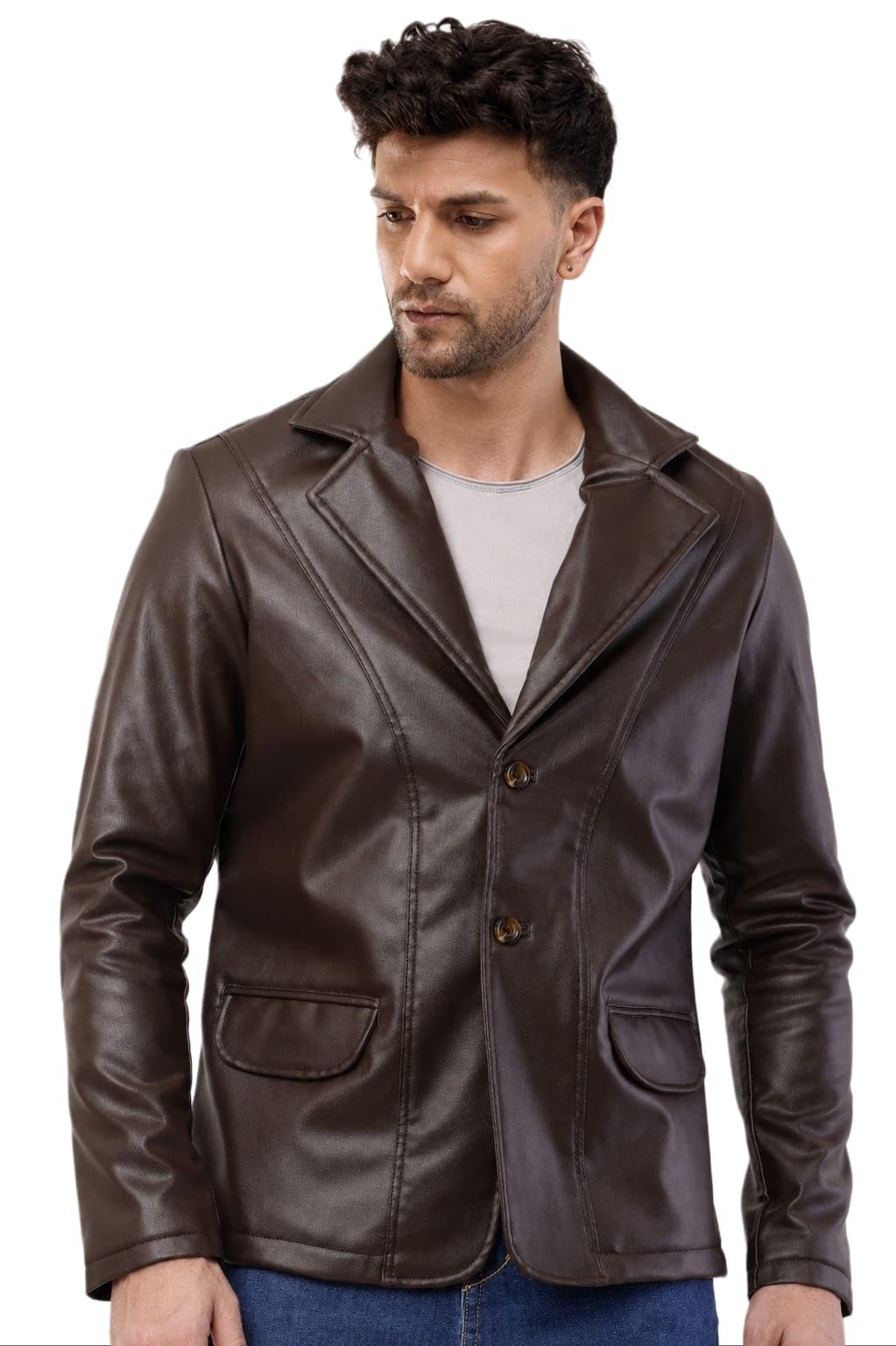 WOLVER Solid PU Leather Casual Men's Blazer-picture-10