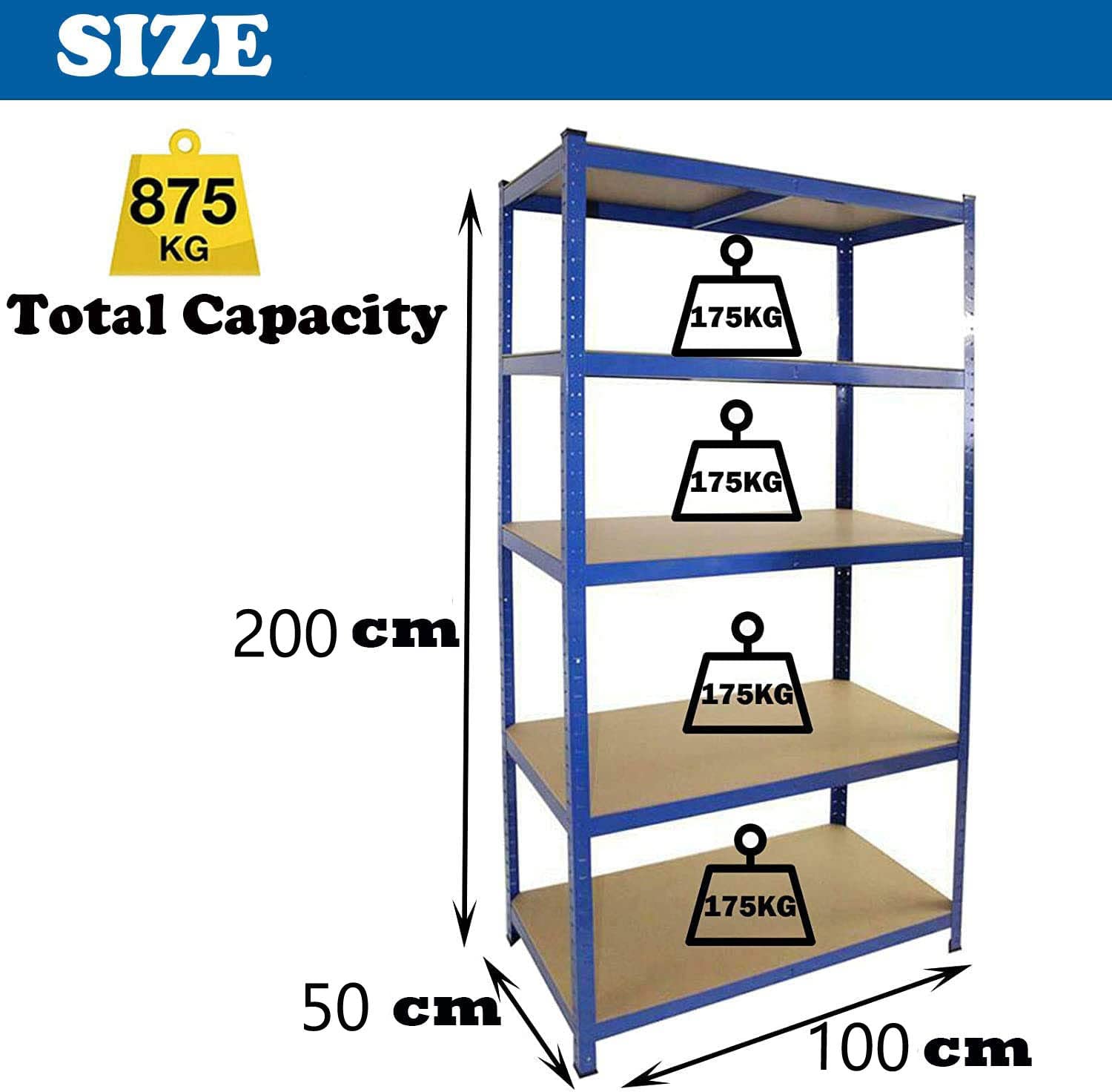Scaffale in acciaio resistente, regolabile, design senza bulloni, per ufficio e garage, 200 x 100 x 50 cm, colore: blu