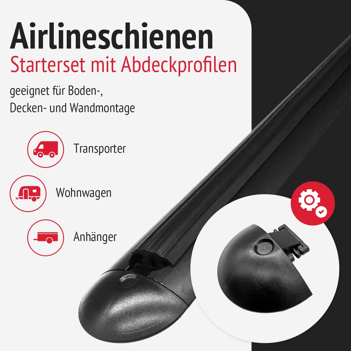 Airlineschienen mit Endkappen, Fittingen und Abdeckprofile | 1.000 mm, schwarz KTL-beschichtet, gebohrt, Halbrund, 50 x 11,5 mm | Zurrschiene | für Transporter, Wohnwagen, (Starterset 1.4)