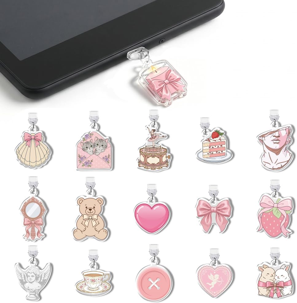 16Pcs Dust Plug Charms Type C Anti-Dust Cover Coquette Cute Pink Aesthetic Charging Ports Plug Protector Accessories Compatible with USB C Devices for Women Phone Reader Decor