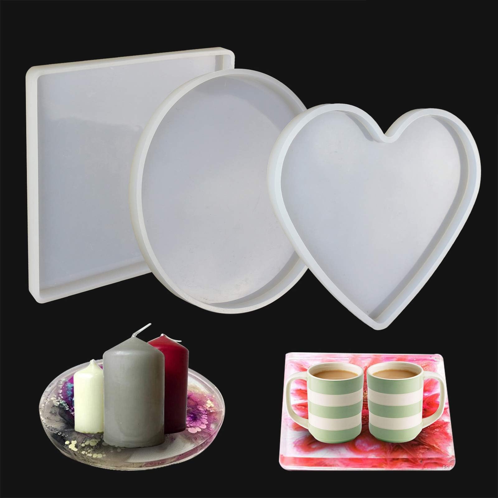 Large Resin Molds , 3 Pcs Large Tray Molds including Round, Square, Heart Shape