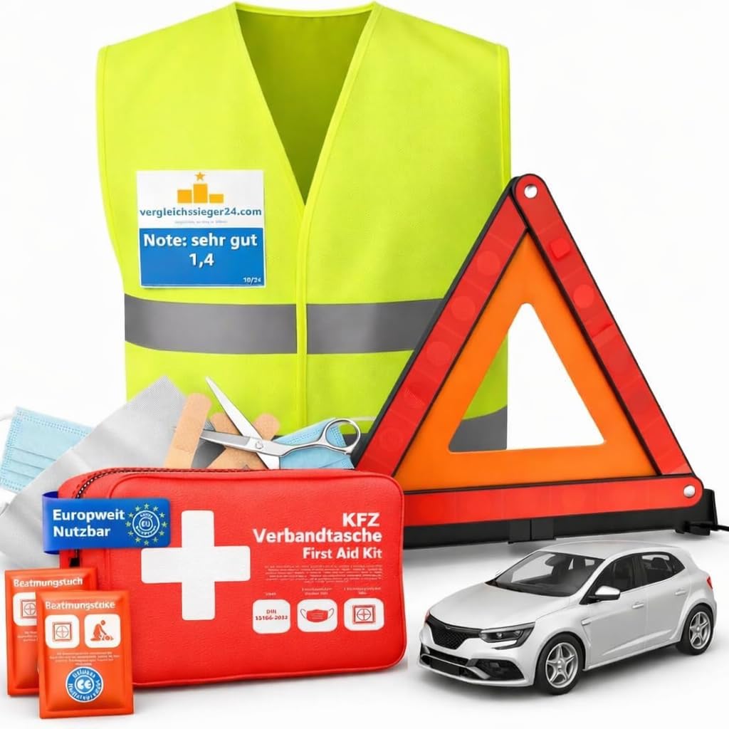 autogadget 3 in 1 - Verbandskasten & Warnweste & Warndreieck - Geprüft & aktuelle Norm - Autozubehör Set 2026 - KFZ Verbandskasten Pkw Set- Auto Erste Hilfe Pannenset & Unfall (3 in 1 Set)