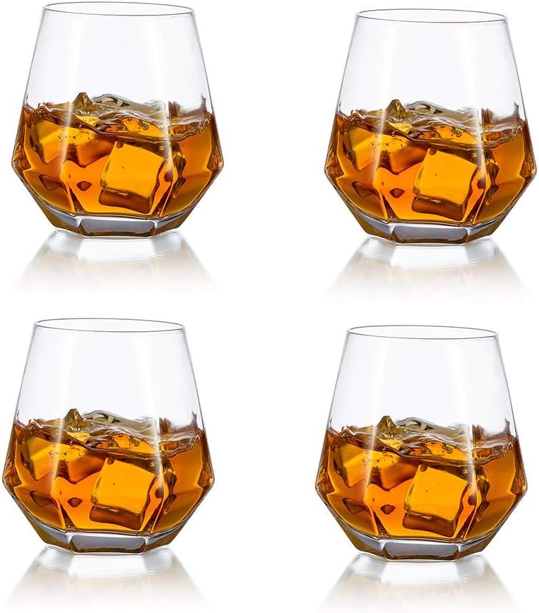 Diamond Whiskey Glasses Set of 4 Water Juice Tumbler Tilted Scotch Glass 300ml Whisky Glass Modern Look Glassware for Bourbon/Rum/Bar Tumbler