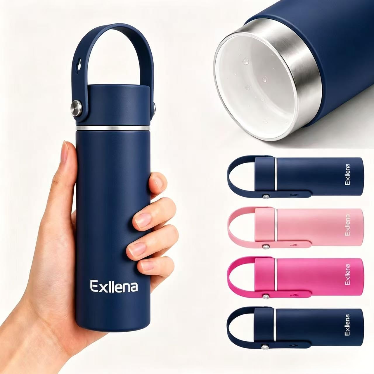 Exllena 300ml Small Water Bottle Ceramic Lined with Adjustable Silicone Handle Made of 100% Stainless Steel (Body + Lid), Mini Metal Water Bottle for Handbag, Leakproof (Midnight Sapphire)