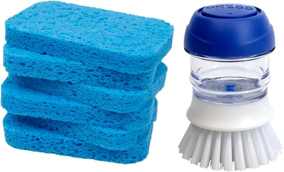 CELOX Dish Brush with Soap Dispenser for Cleaning & 6 Pack Compressed Wood Pulp Sponges