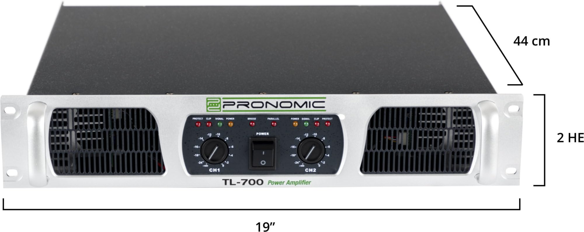Pronomic TL-700 Finale - Amplificatore Stereo 2x1600W@2O, ventola termoregolata, modalità Parallel/Stereo/Bridge, circuiti protezione, uscita Class H.