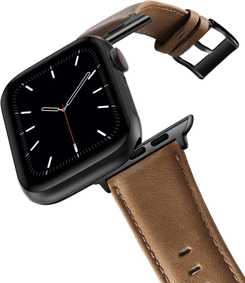 BRG Leather Bands Compatible with Apple Watch Band 44mm 42mm 40mm 38mm, Men Women Replacement Genuine Leather Strap for iWatch SE Series 6 5 4 3 2 1, Brown Band/Black Adapter, 40mm 38mm