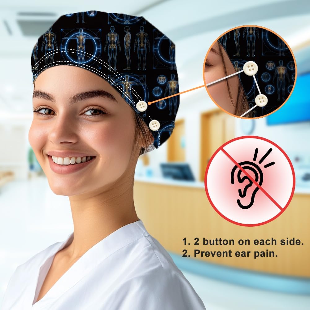 Scrub Caps Cotton Nurse Scrub Hats with Button and Sweatband Pink Adjustable Surgical Cap for Women Men Housework