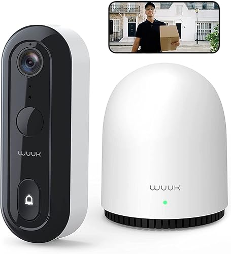 WUUK - Cámara de timbre inalámbrica sin suscripción, timbre de cámara de 3MP, base de inicio incorporada con almacenamiento de 32GB, timbre de video