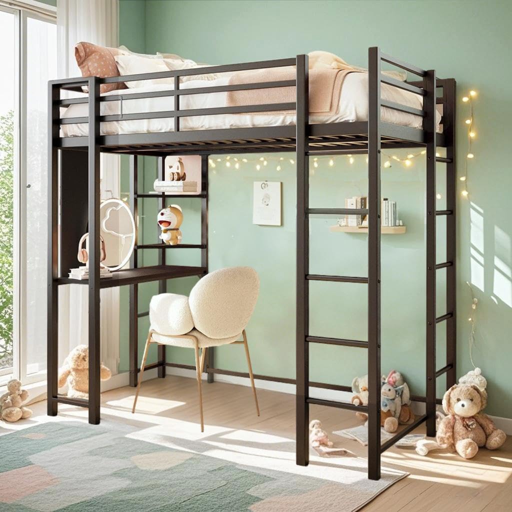 SUNLEI Metal Loft Bed with 2 Secured Ladders, Bunk Bed Twin Over Full with Trundle, Trundle Bed Twin Safety Guard, Space-Saving, Noise Free for Small Bedroom, Black (Modern w/Trundle, Twin Over Twin)