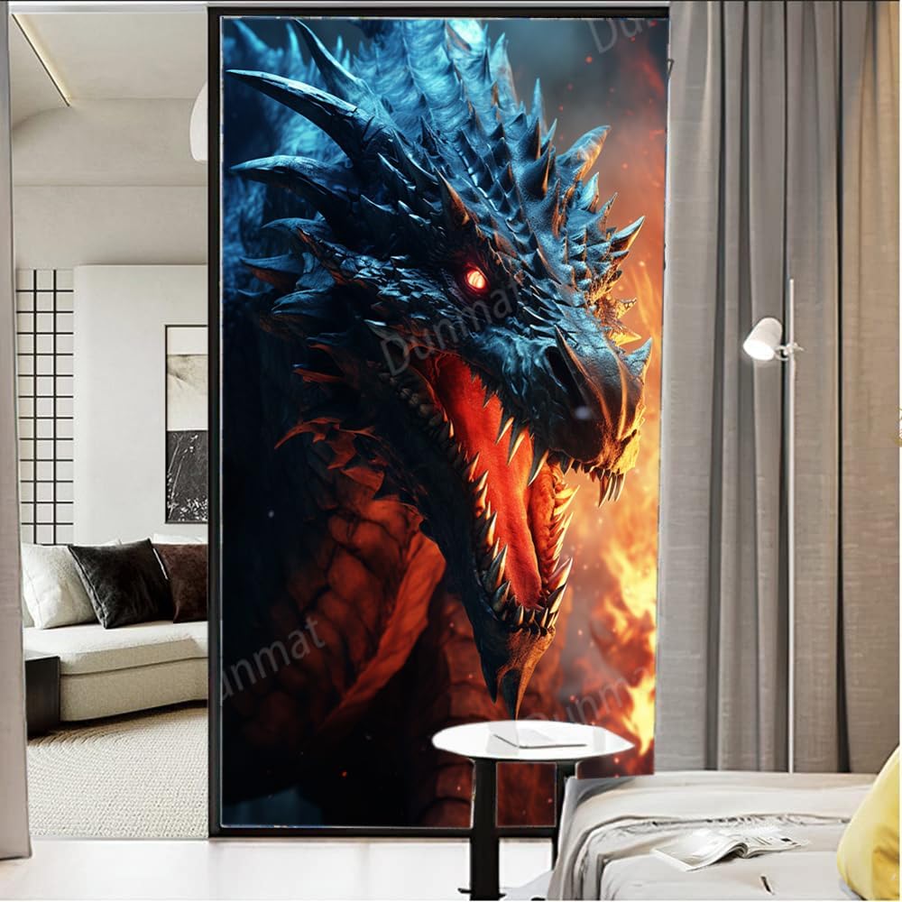 Rustic Black Dragon Window Privacy Film Fierce Fantasy Animal Vintage Stained Glass Window Film Sun Blocking Heat Control Decorative Window Covering Film for Home Office 35.4Wx63L inch