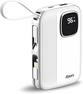 Foxin ChargeX 10 Pocket Power Bank 10000mAh 22.5W Super Fast Charging | Type C & 8 Pin Dual Output Ports| Type C & USB Input & Output |Supports Android, Apple, Tablets | Built-in-Cable | White