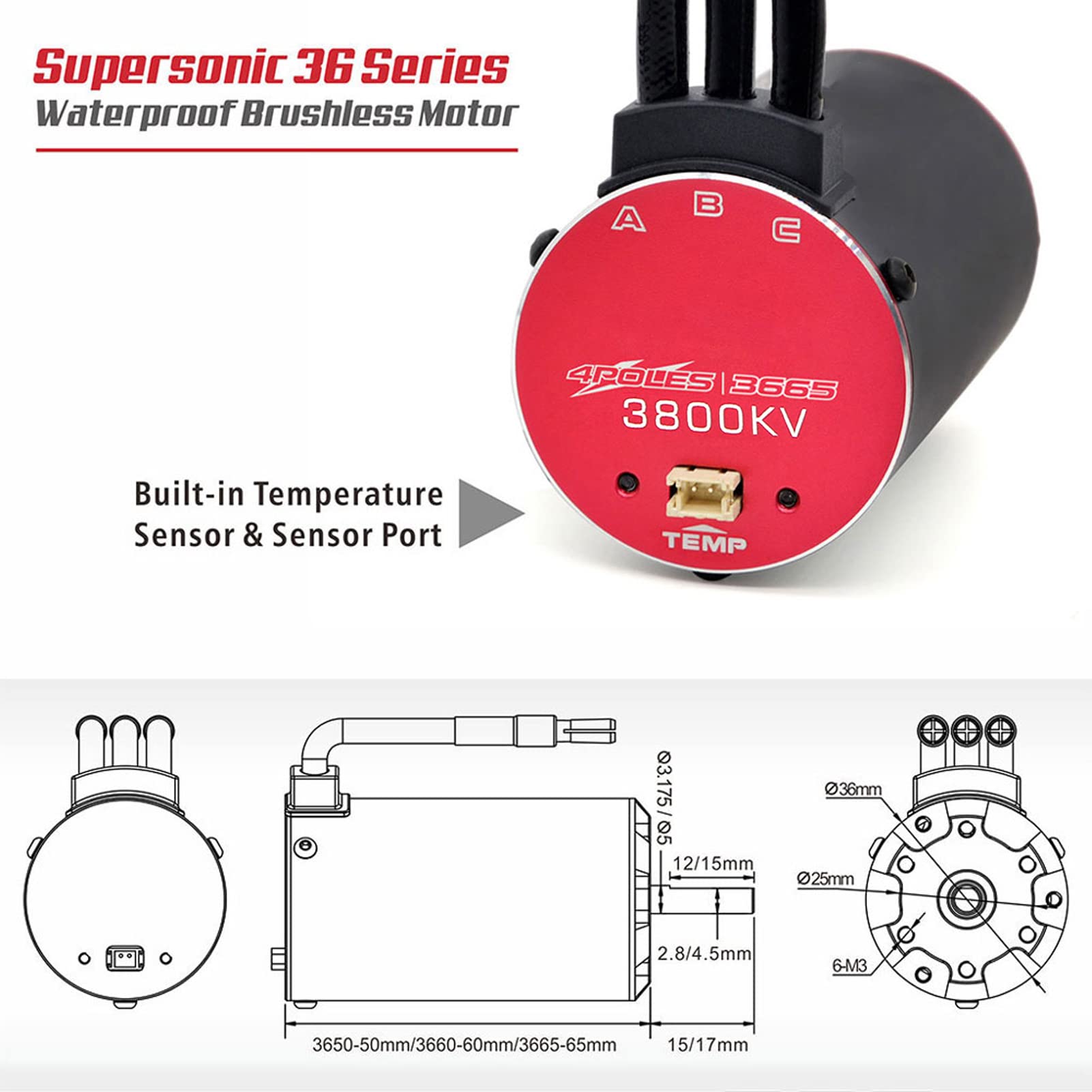 Motor con Sensor sin Escobillas de 4 3665 3800KV para Coches 1/10 RC Carcasa de Aluminio Duradera