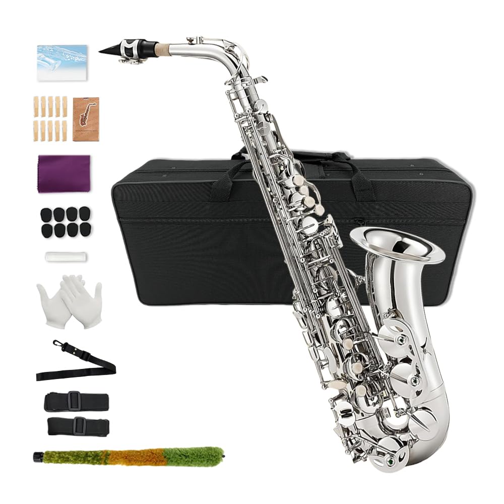 Yinfente Eb Alto Saxophone For Beginners Adult,Saxophone Student,E Flat Alto Sax Full Kit With Reeds,Pads Cushions,Hard Carrying Case,Cleaning Cloth &amp; Rod,Mouthpiece,Gloves,Neck Strap Silver