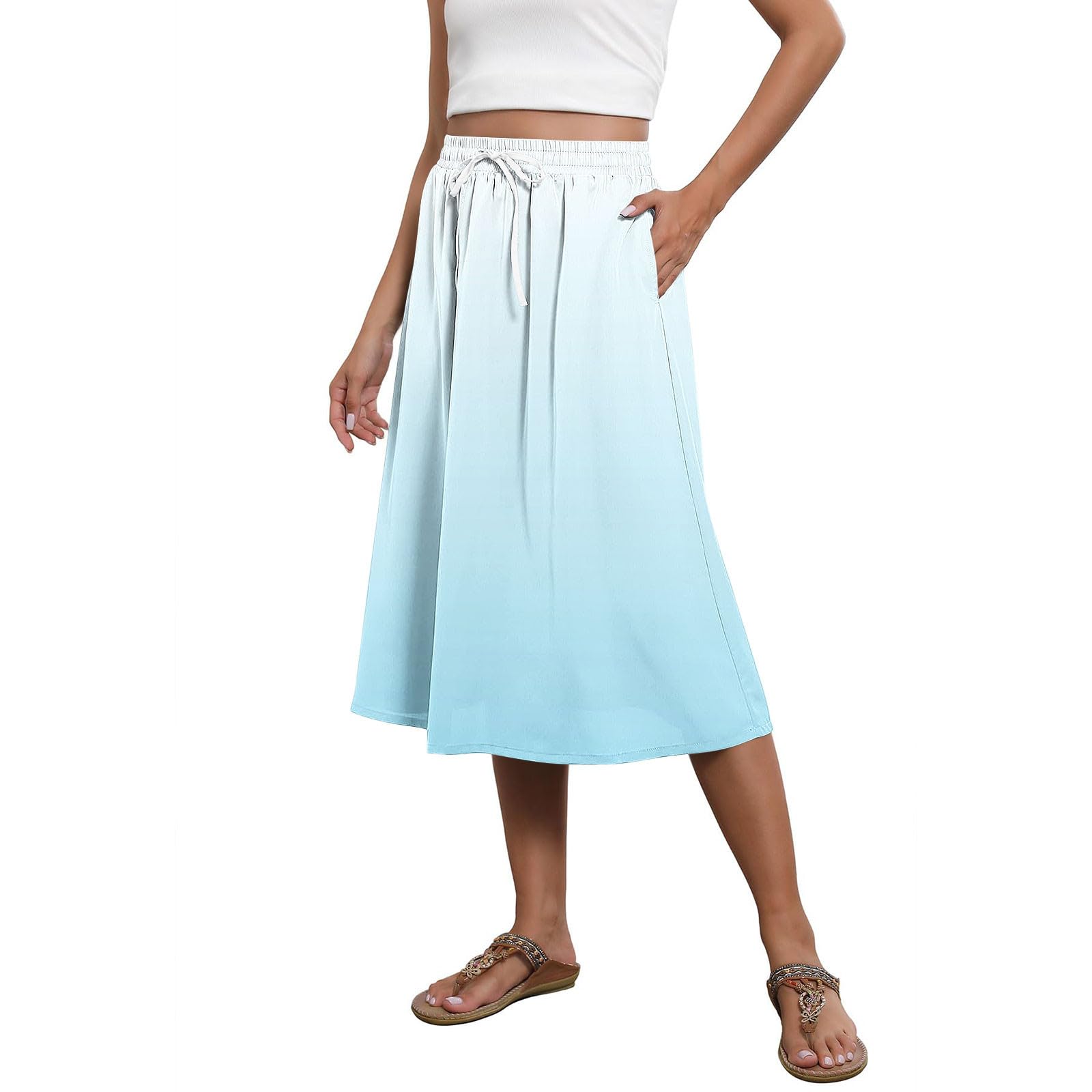 Womens Skirts Gradient Print Drawstring High Waist Flowy Casual Midi Skirts Lightweight Summer Vacation Wear