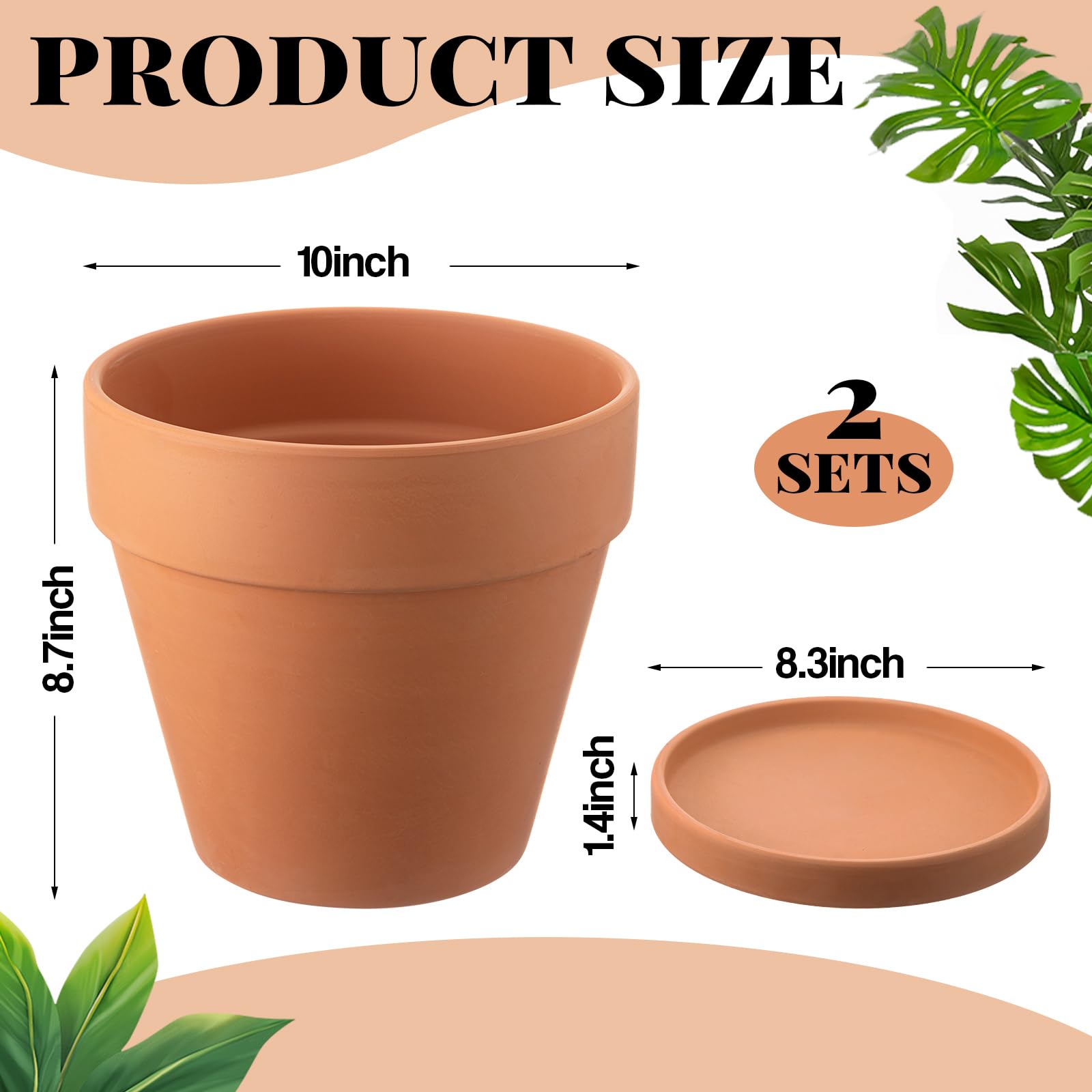 Maxdot Lot de 2 Grands Pots de Fleurs en Terre Cuite avec Soucoupe – Pot en Argile en céramique de 25,4 cm avec Trou de Drainage pour Plantes d'intérieur et d'extérieur