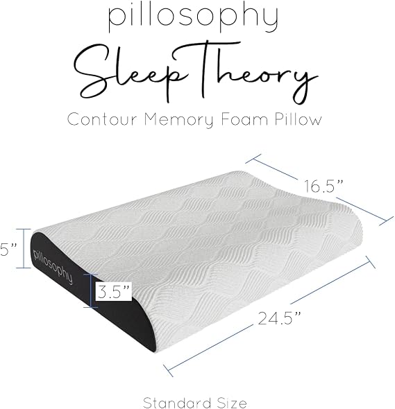 pillosophy SleepTheory Pillow Contour Shape Cervical Neck Support Memory Foam Core Washable Outer Cover Medium Firmnesss Perfect for Back, Side, Stomach Sleepers (Standard Size)