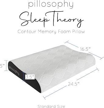pillosophy SleepTheory Pillow Contour Shape Cervical Neck Support Memory Foam Core Washable Outer Cover Medium Firmnesss Perfect for Back, Side, Stomach Sleepers (Standard Size)
