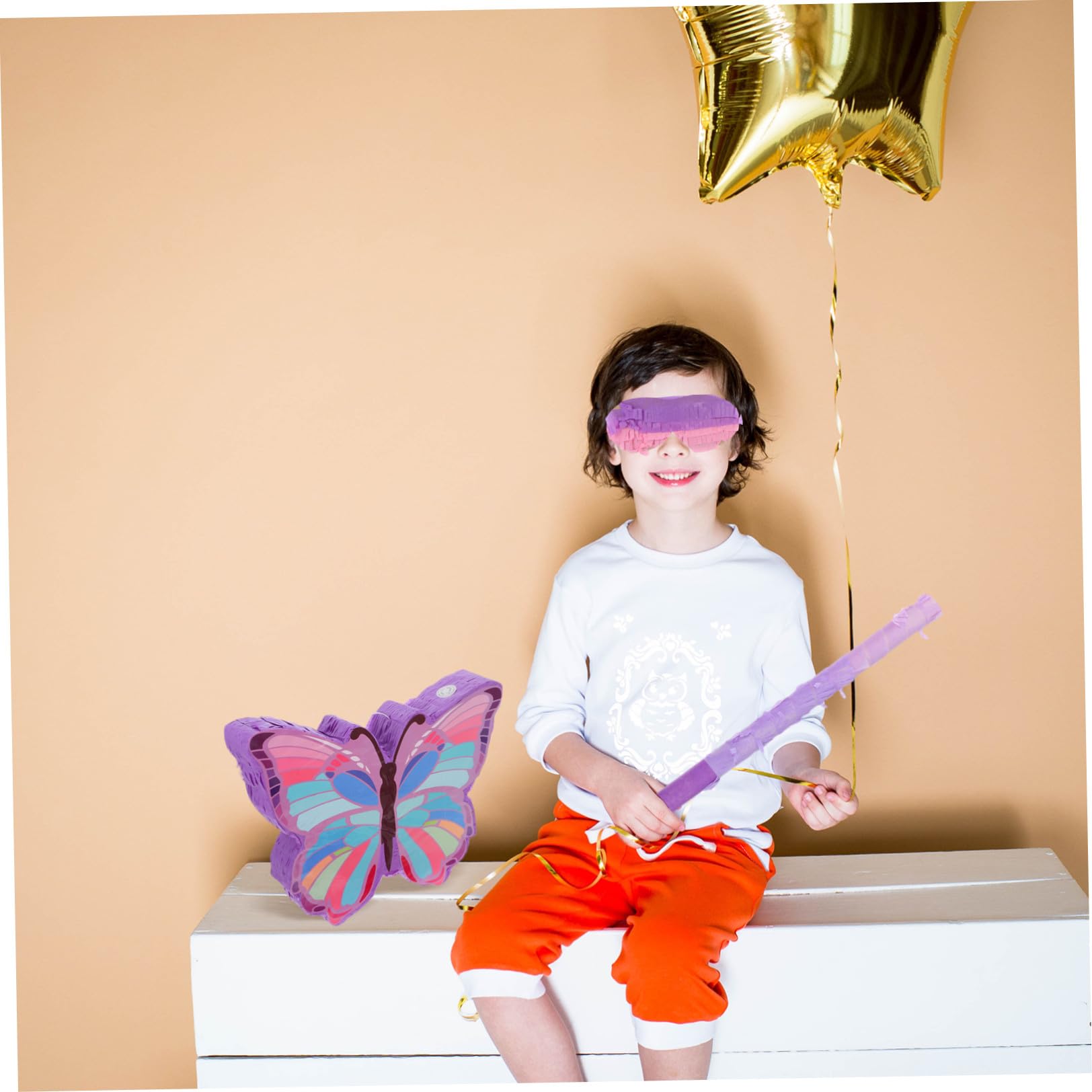 CLISPEED Piñata para Fiesta de Cumpleaños Niña Diseño de Mariposas en Color Morado, Material Seguro para, Incluye Palo, Antifaz y Confeti para Temática