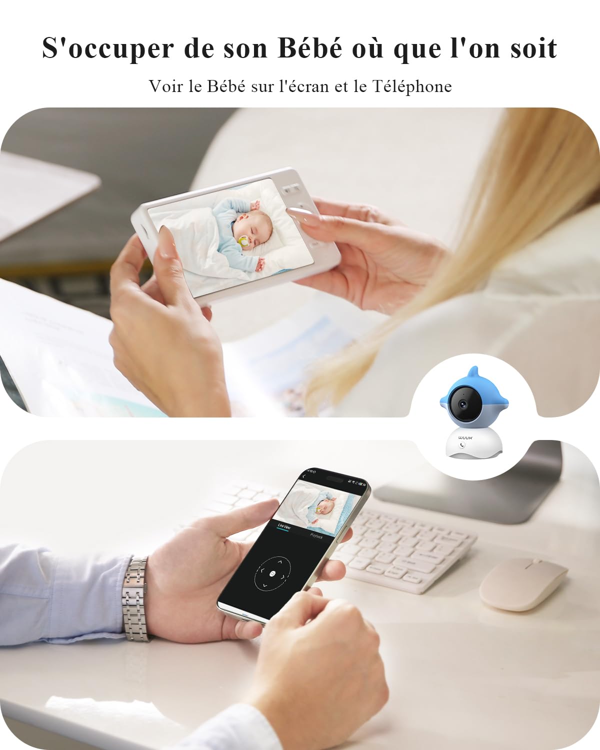 WUUK 2K 5.5" Babyphone Camera 2 Pack,Video Camera Bebe avec APP,360°PTZ Surveillance,Détection des,Appel en Une Touche,Mouvements/Température/Son,Berceuse à Bruit Blanc,Connexion Stable de 305m