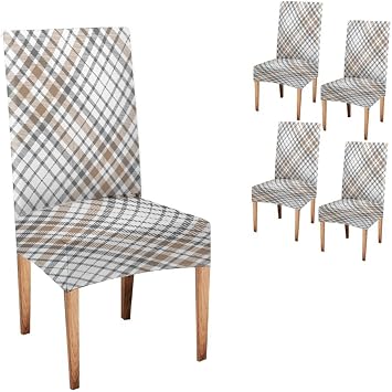 CAPSCEOLL Plaid Brown Gray and White Dining Chair Covers Set of 4 Stretch Chair Slipcovers Universal Removable Washable Chair Seat Covers Protector for Dining Room,Kitchen,Hoteland Party