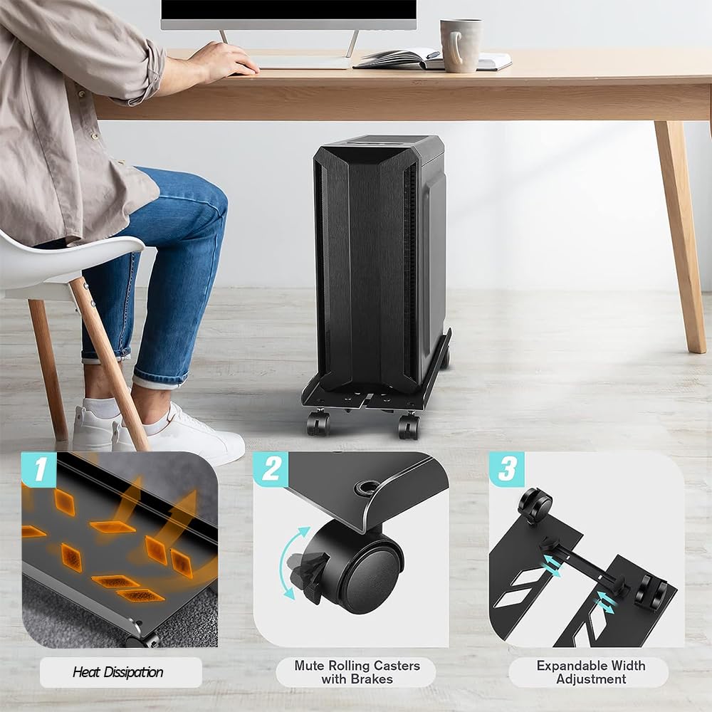 Soporte móvil para CPU para PC, Soporte Ajustable para Torre de Ordenador con 6 Ruedas con Bloqueo, Soporta hasta 40kg - Negro
