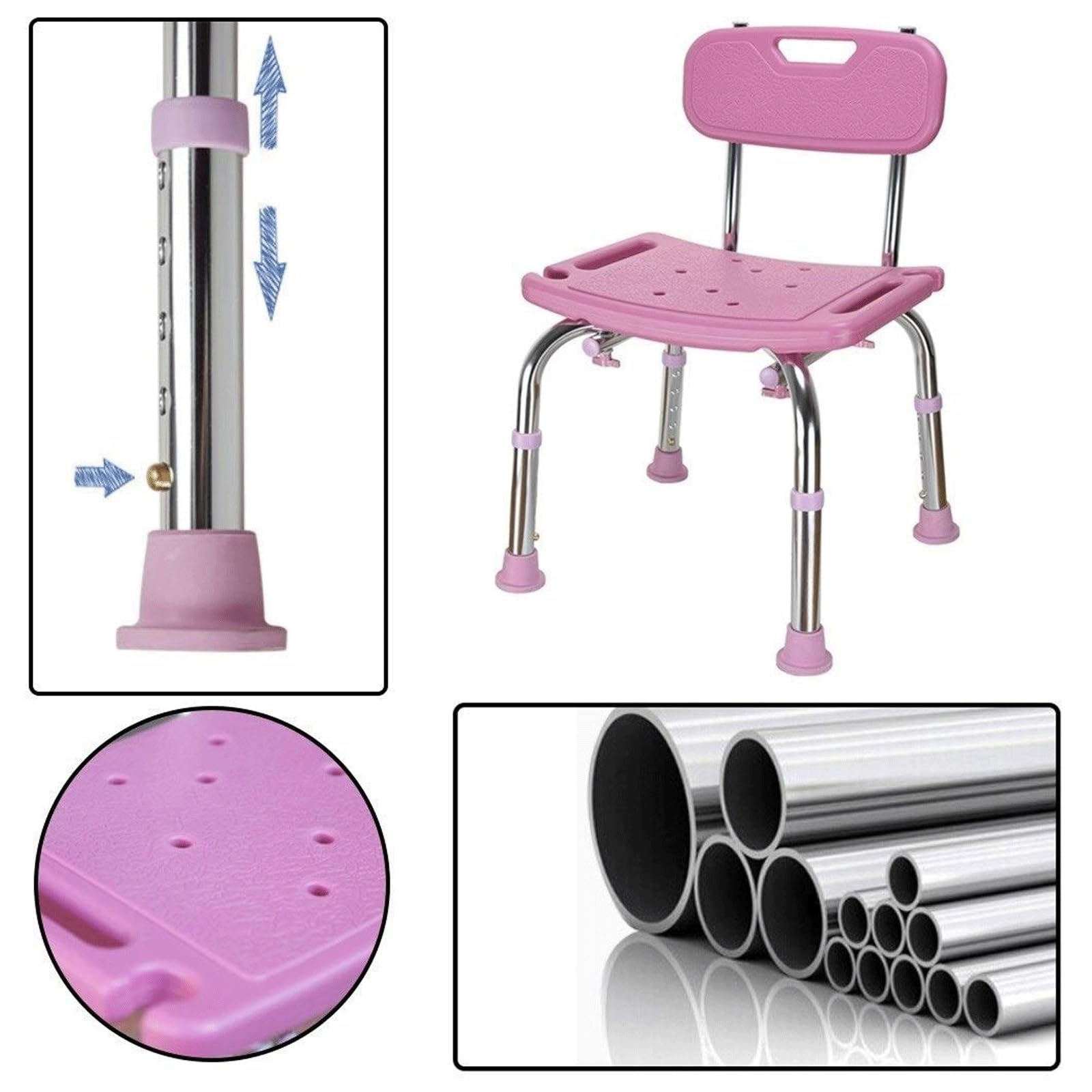 Silla de ducha antideslizante, asiento de bañera con respaldo, capaz de transportar 330 libras, altura ajustable, adecuada para sillas de ducha estilo banco para ancianos y discapacitados (rosa)
