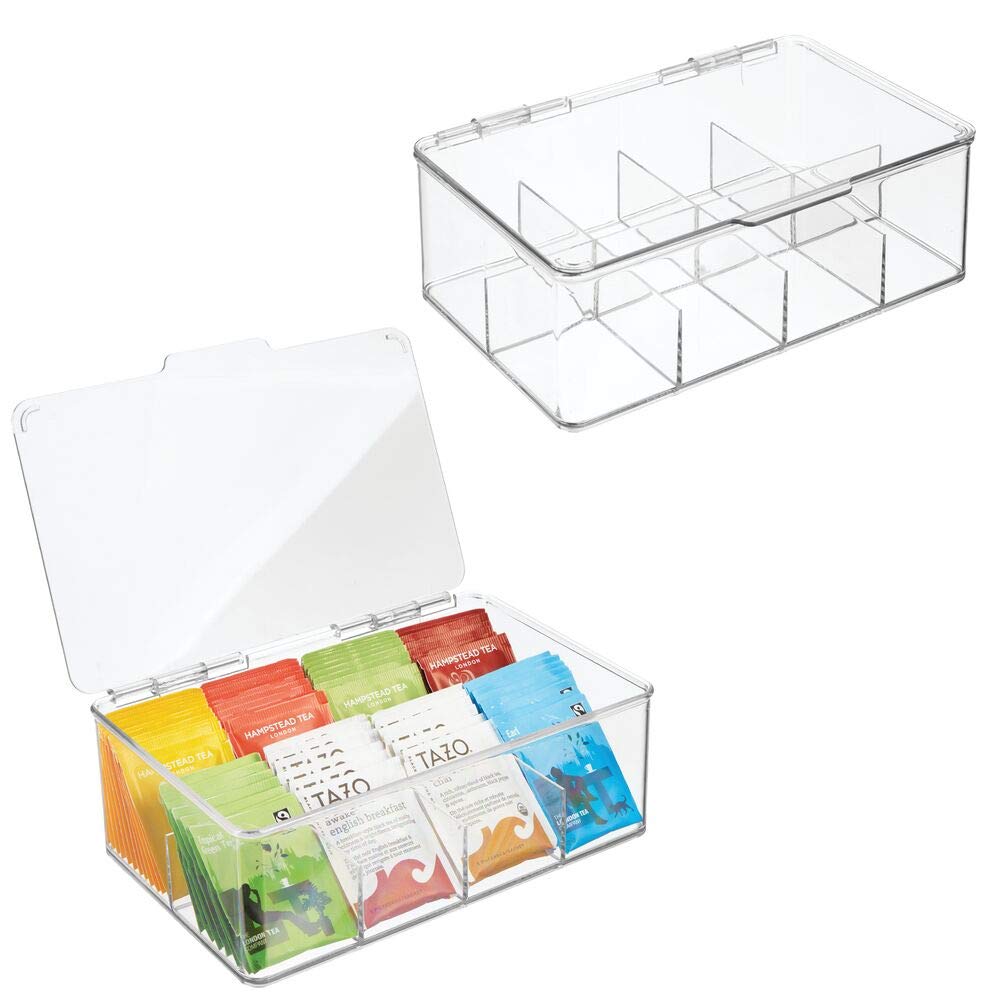 mDesignSet of 2 Easy Select Tea Chest Box - Tea Storage Box with 8 Compartments Holds up to 100 Tea Bags Each -Tea Organiser - Tea Bag Storage Box - Clear
