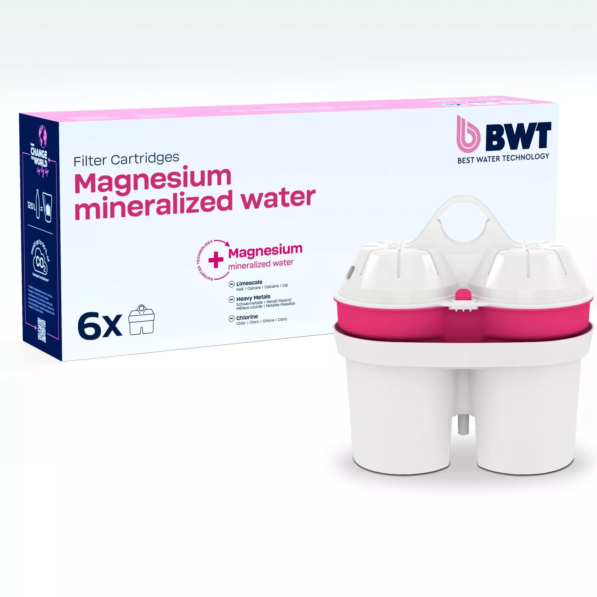 BWT filtro agua con MAGNESIO – Pack 6 | Compatible con jarra filtradora de agua | Filtro jarra BWT | Purificador doméstico | Reduce cal, cloro y metales | Hasta dureza de 14,9 °dH