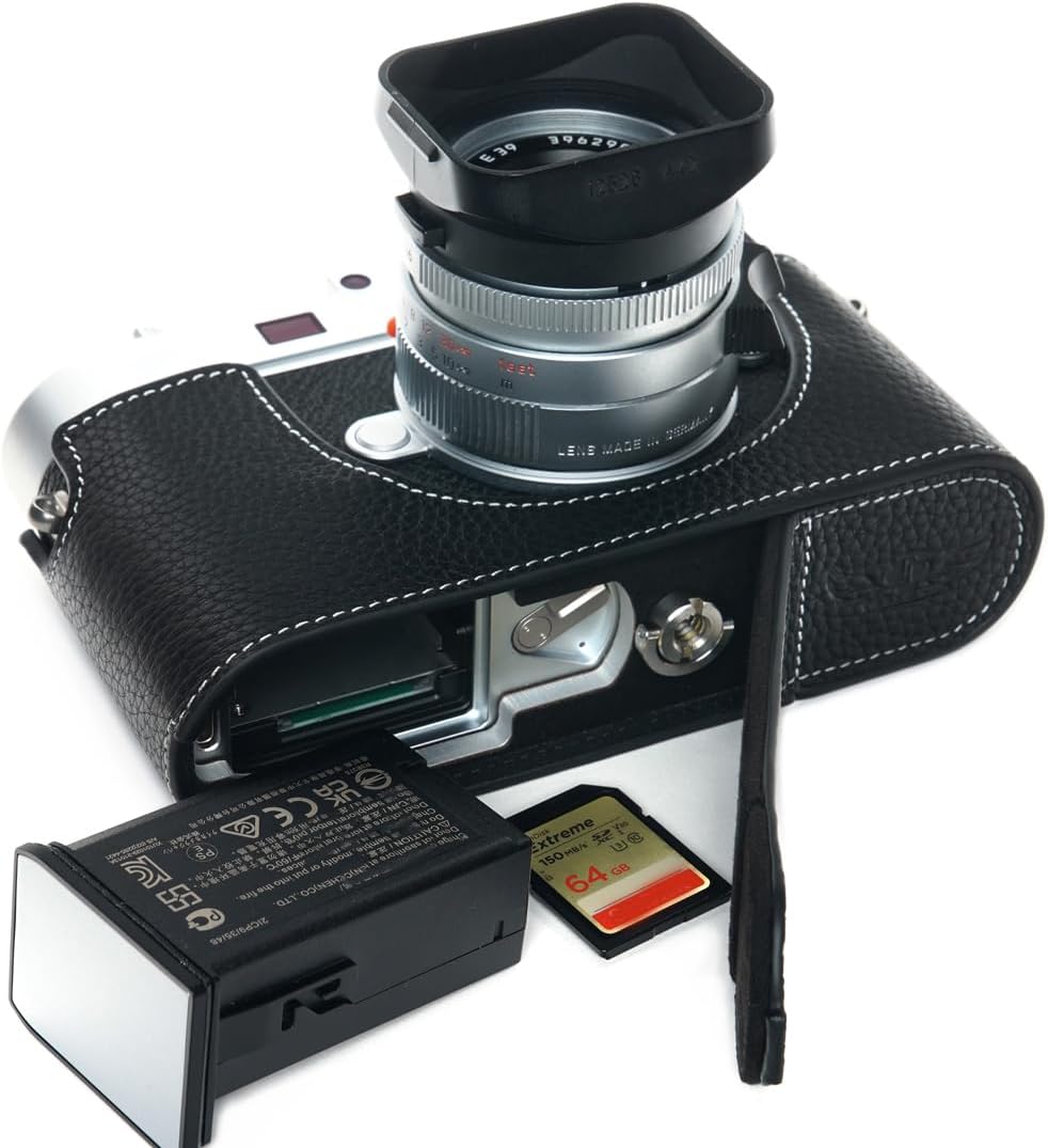 TP Original Handmade Genuine Real Leather Half Camera Case Bag Cover for Leica M11 Bottom Open Version Black Leather White Stitching