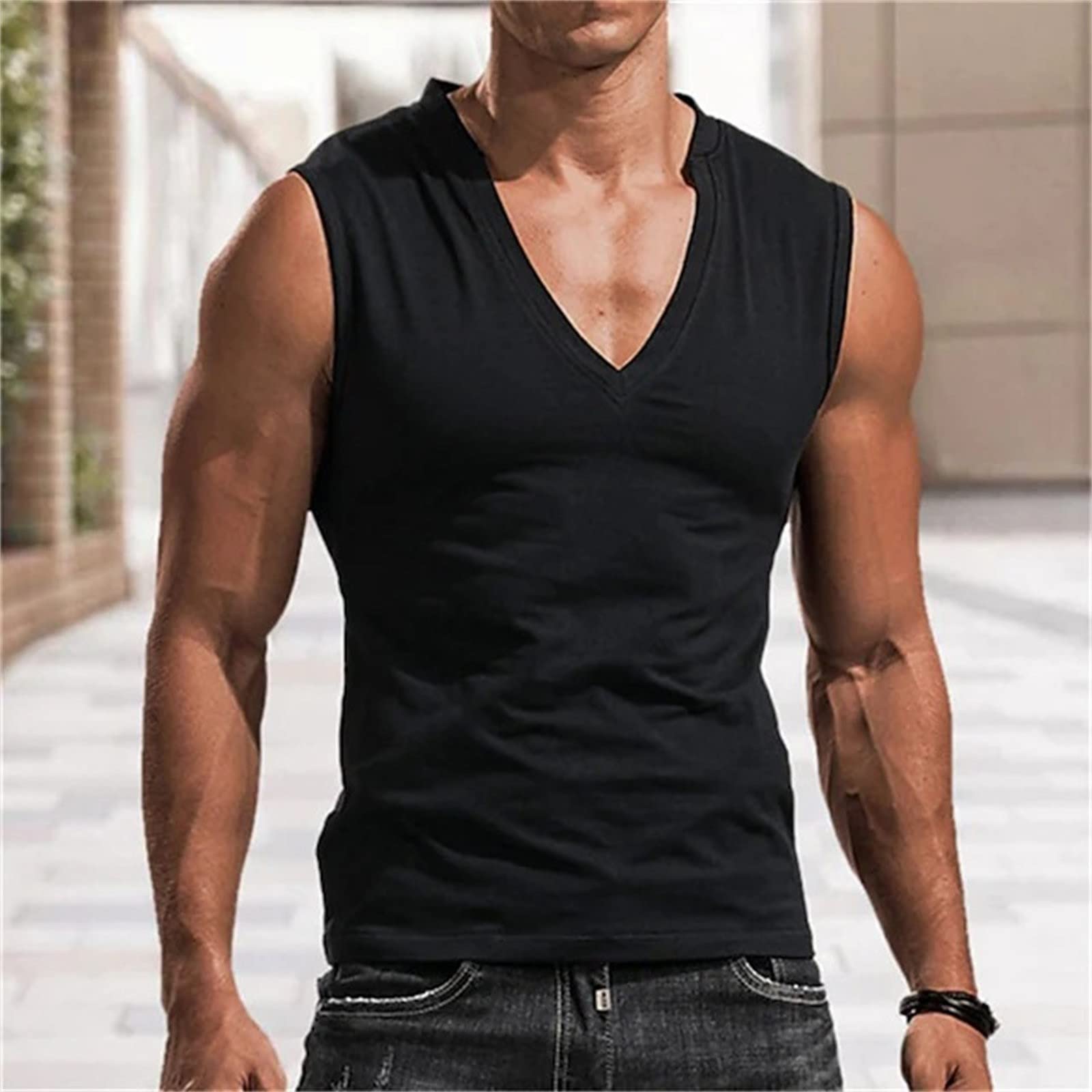 Gilet sans Manche Homme Coton- Tee Shirt Col V Couleur Unie Sexy Décontracté Débardeur Comfortable Doux Respirante Chic Slim Simple Respirante Passe-Partout Top Tous Les Jours Léger Streetwear