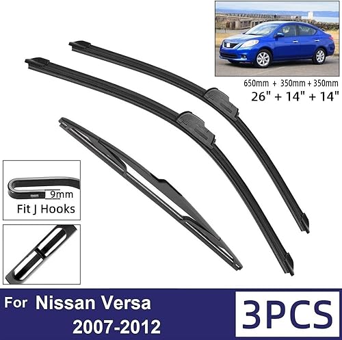 Miniatura 2 de Limpiaparabrisas de automóvil compatible con Nissan Versa 2007-2012, limpiaparabrisas delantero y trasero, de goma suave, parabrisas de 26 + 14 + 14