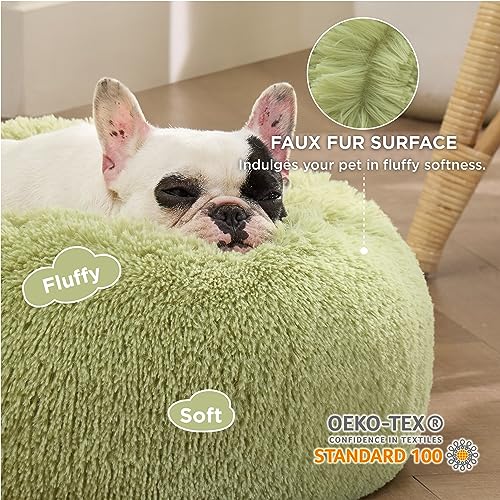 Image of Bedsure Calming Small Dog Bed Donut Washable Cat&Puppy Bed,23 inches Green | Fluffy Faux Fur Round Cuddler,Machine Washable,Anti-Slip Bottom,Anti-Anxiety,Deep Sleeping for Large Cat & Pets Up to 25 Lbs